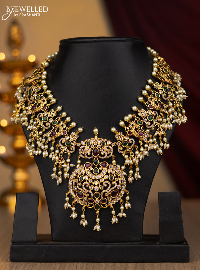 Antique guttapusalu necklace kemp and cz stone with pearl hangings without earring