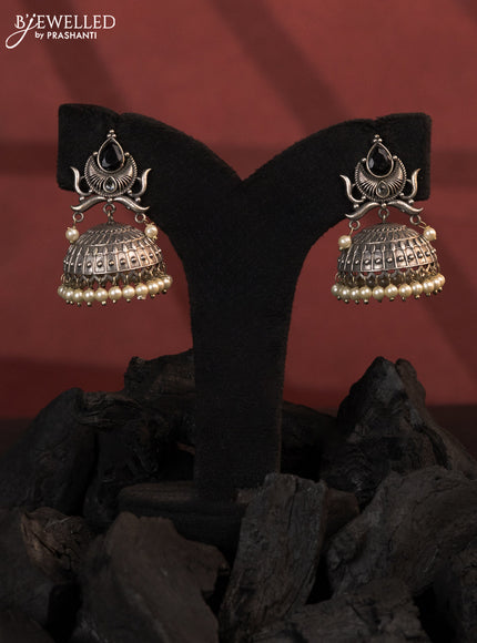 Oxidised jhumkas with black stones and pearl hangings