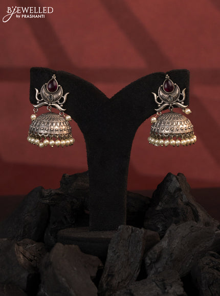 Oxidised jhumkas with ruby stones and pearl hangings