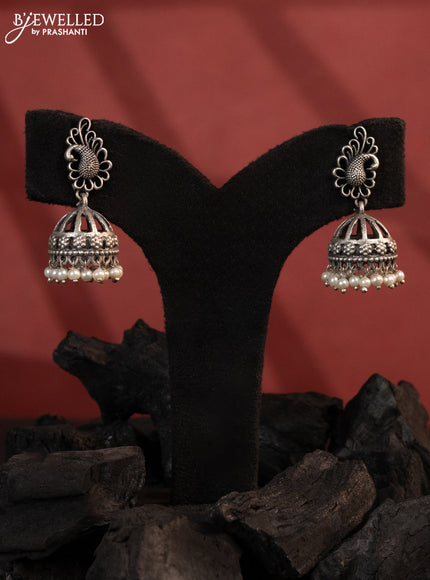 Oxidised jhumkas with peacock design and pearl hangings