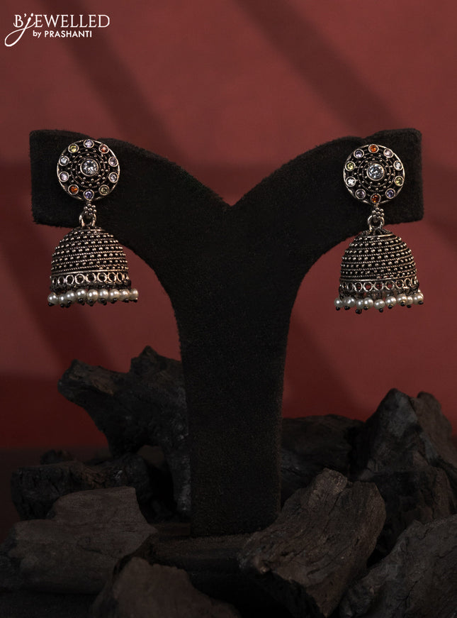 Oxidised jhumkas with multicolour stones and pearl hangings