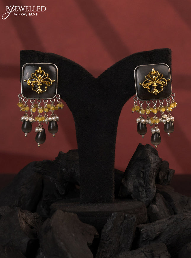 Oxidised earrings with grey stones and pearl & beads hangings