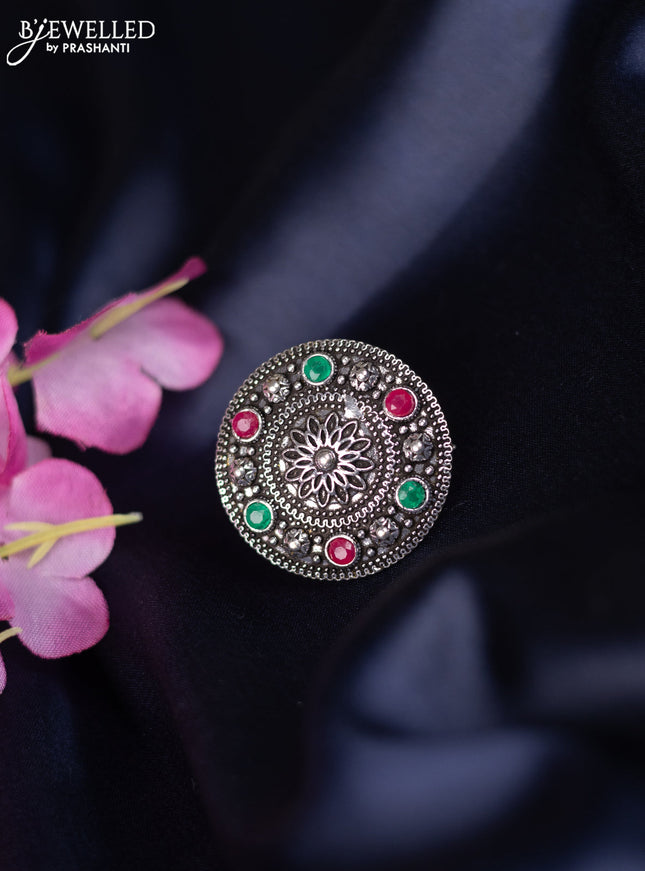 Oxidised ring with ruby and emerald stones