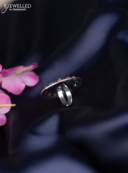 Oxidised ring with ruby and emerald stones