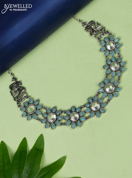 Oxidised necklace floral design with mint green and cz stones without earring