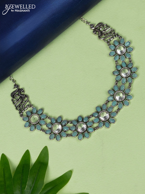 Oxidised necklace floral design with mint green and cz stones without earring