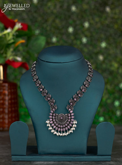 Oxidised necklace floral design with baby pink stone and pearl hangings without earring