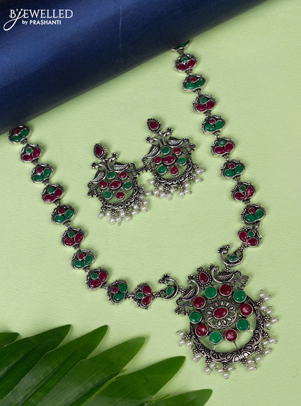 Oxidised haaram double peacock design with kemp stones and pearl hangings