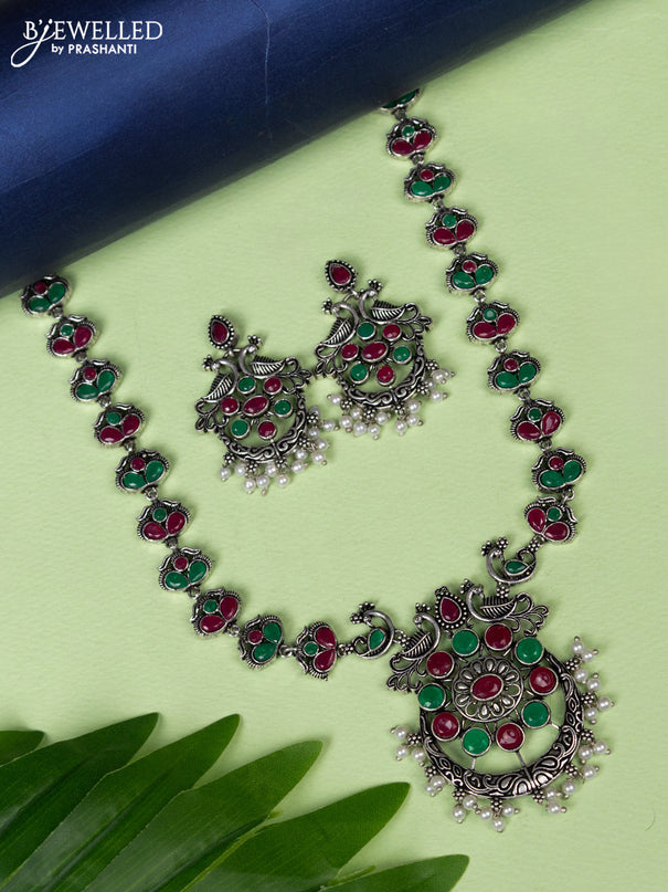 Oxidised haaram double peacock design with kemp stones and pearl hangings