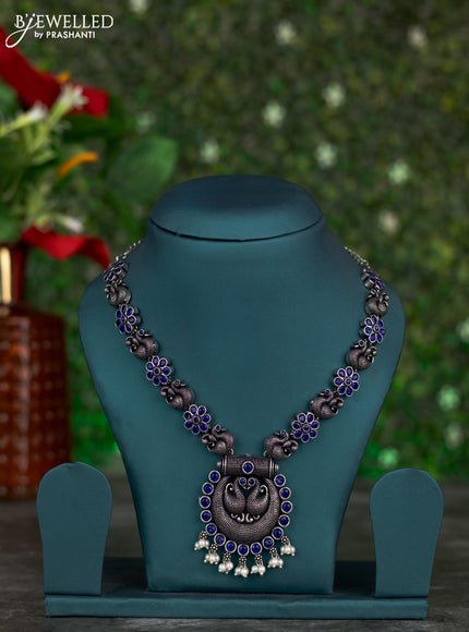 Oxidised necklace swan design with sapphire stones and pearl hangings without earring