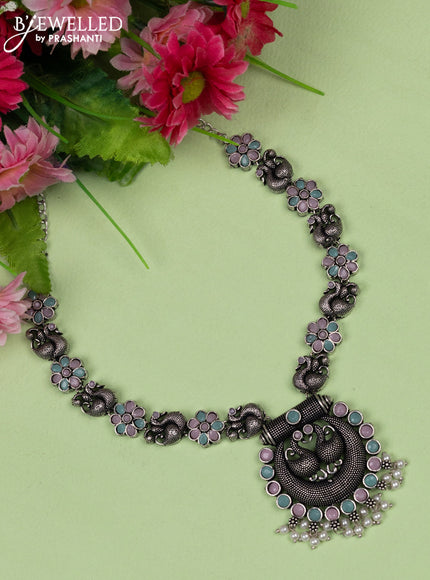 Oxidised necklace swan design with mint green & baby pink stones and pearl hangings without earring