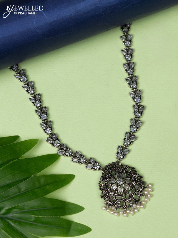Oxidised haaram floral design with white stones and pearl hangings without earring