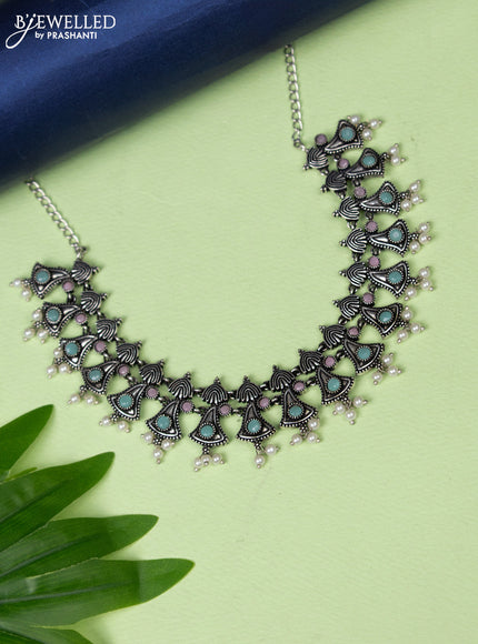 Oxidised necklace with baby pink & mint green stones and pearl hangings without earring