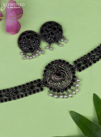 Oxidised choker peacock design with black stone and pearl hangings