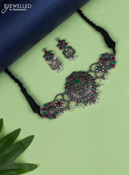 Oxidised choker peacock design with kemp stone and pearl hangings