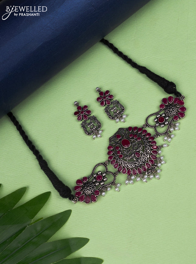 Oxidised choker peacock design with pink kemp stone and pearl hangings