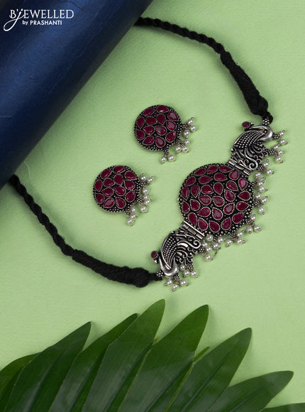 Oxidised choker peacock design with pink kemp stone and pearl hangings