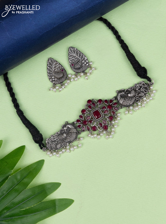 Oxidised choker peacock design with pink kemp stone and pearl hangings