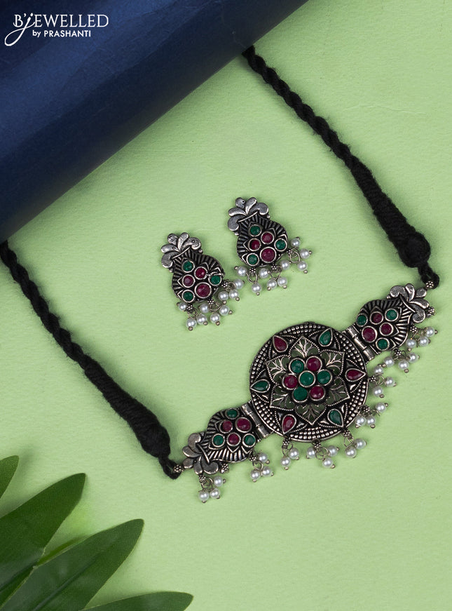 Oxidised choker kalasha design with kemp stone and pearl hangings