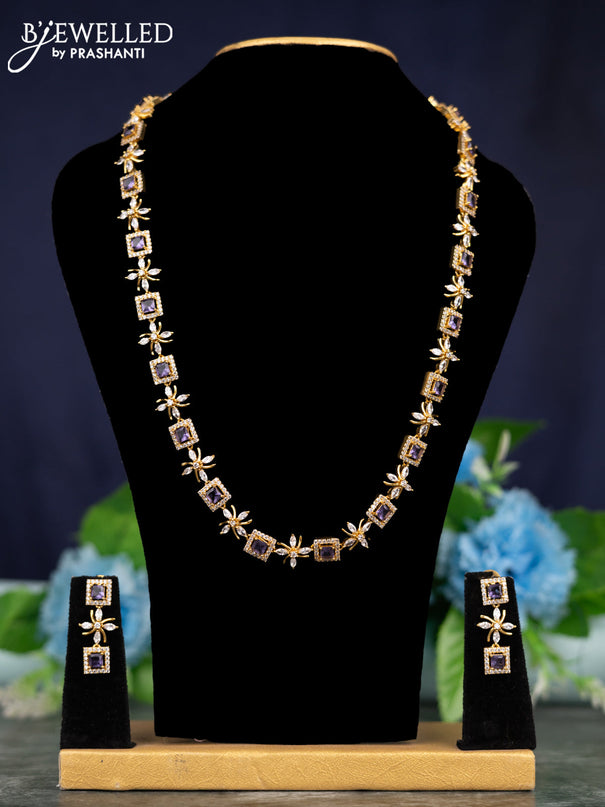 Zircon haaram floral design with violet and cz stones in gold finish