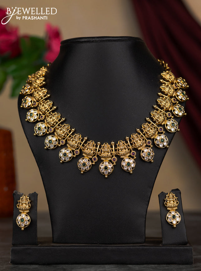 Antique necklace lakshmi design with kemp and cz stones