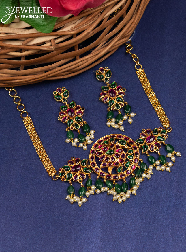 Antique choker peacock design with kemp kundan stones & pearl and green beads hangings