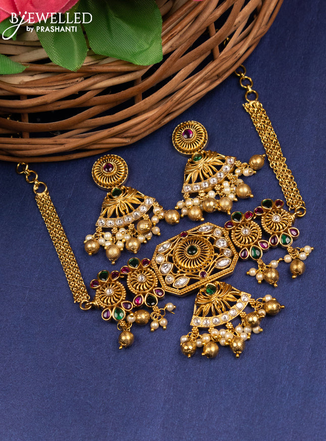 Antique choker with kemp & kundan stones and pearl and golden beads hangings