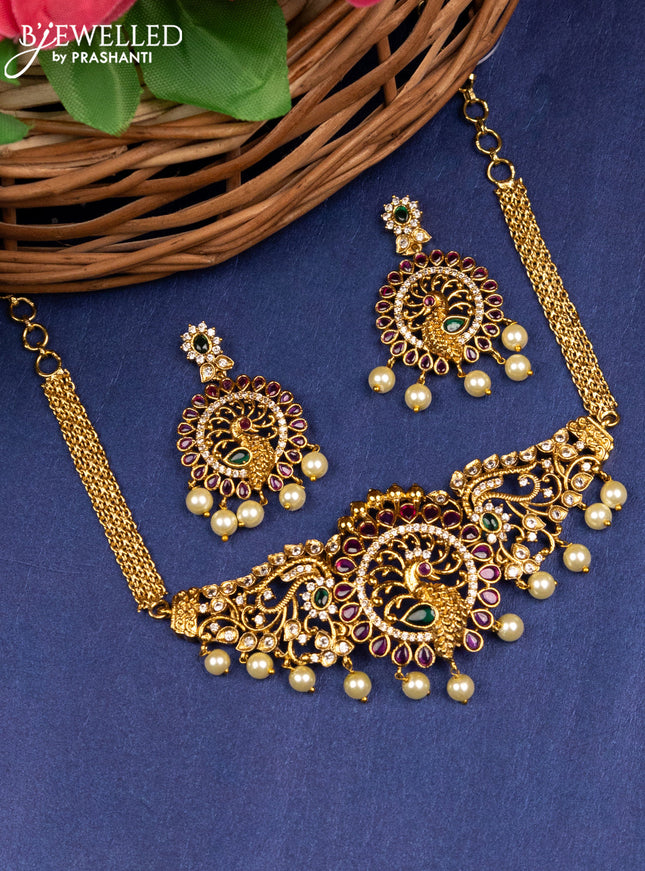 Antique choker peacock design with kemp & cz stones and pearl hangings