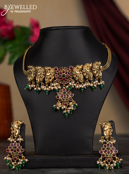 Antique attigai necklace peacock design with kemp stone and green beads hangings
