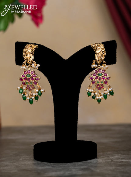 Antique attigai necklace peacock design with kemp stone and green beads hangings