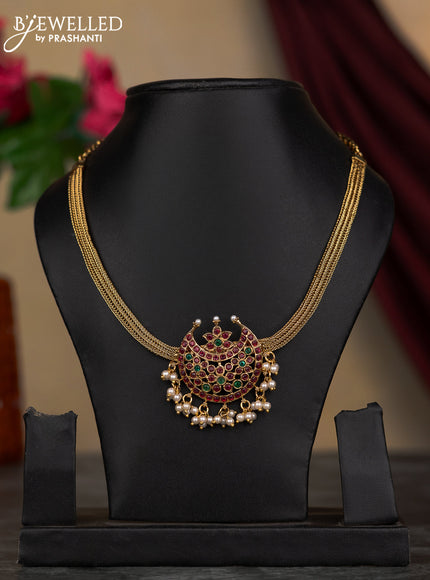 Antique attigai necklace chandbali design with kemp stone and pearl hangings without earring