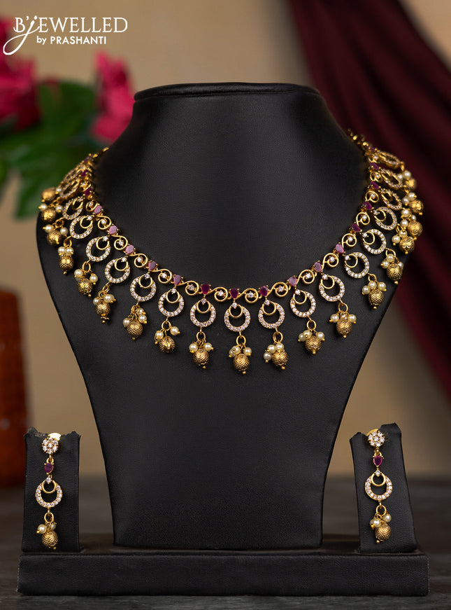 Antique necklace with ruby & cz stones and pearl and golden beads hangings