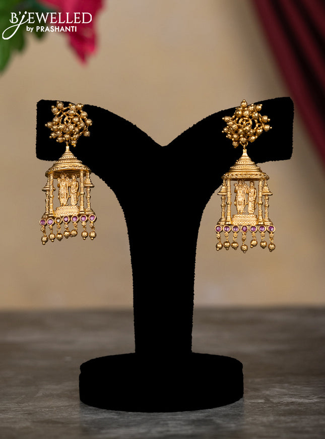 Antique necklace lakshmi design with pink kemp stones and pearl and golden beads hangings