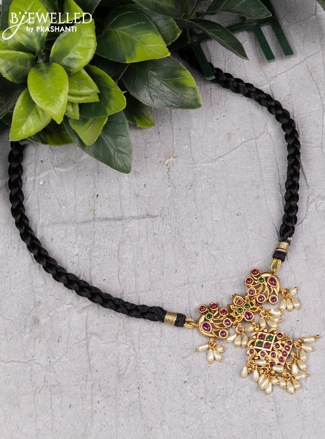 Black thread necklace peacock design with kemp stone and pearl hangings without earring