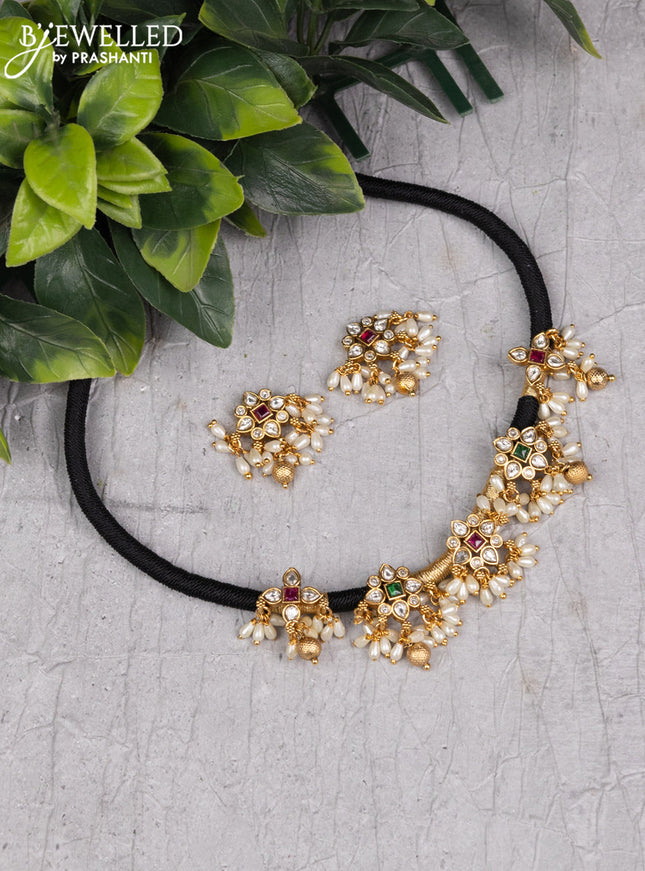 Black thread necklace with kemp & cz stone and pearl hangings