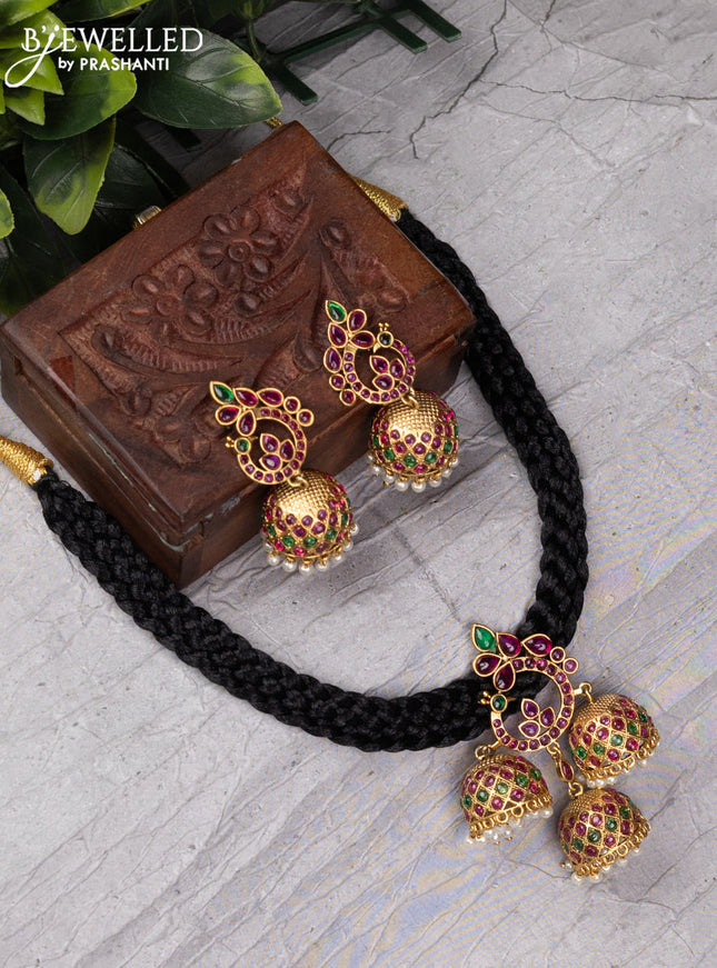 Black thread necklace peacock design with kemp stone and pearl hangings