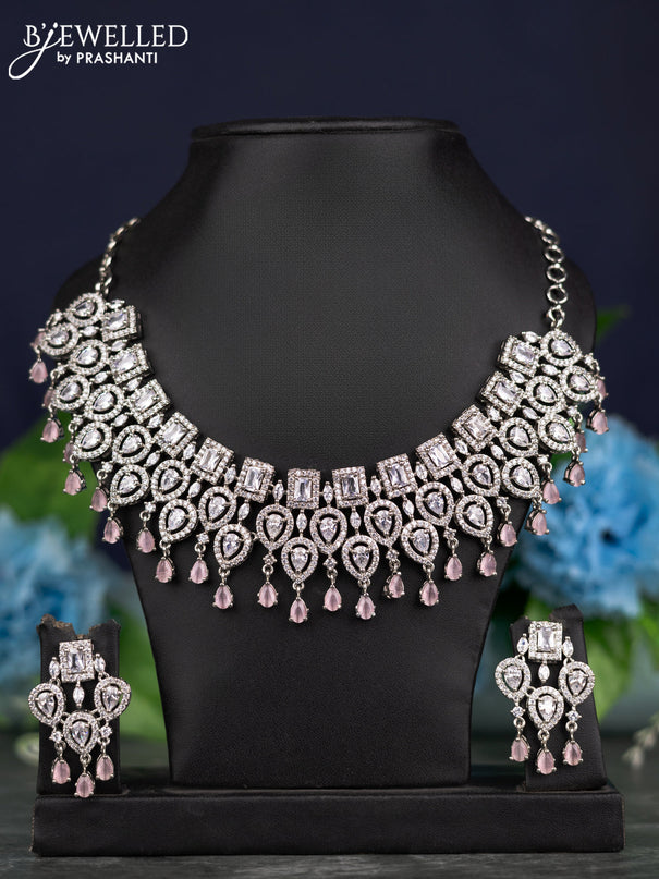 Zircon necklace with cz & baby pink stone hangings