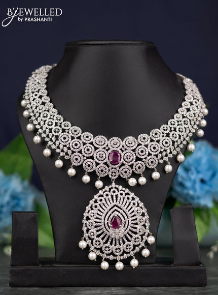 Zircon necklace with ruby & cz stone and pearl hangings