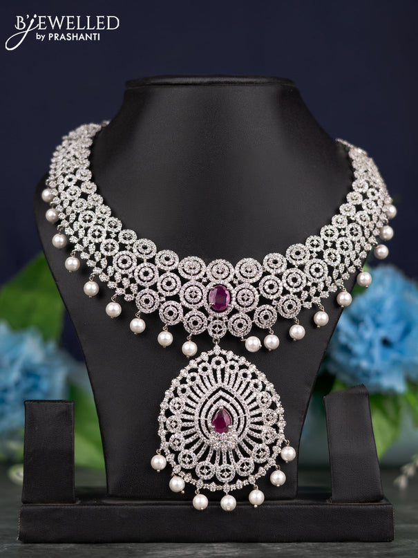 Zircon necklace with ruby & cz stone and pearl hangings without earrings