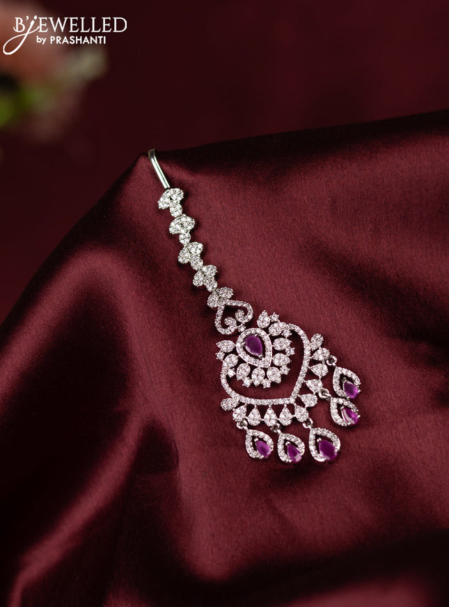 Zircon maang tikka with ruby & cz stone and hangings