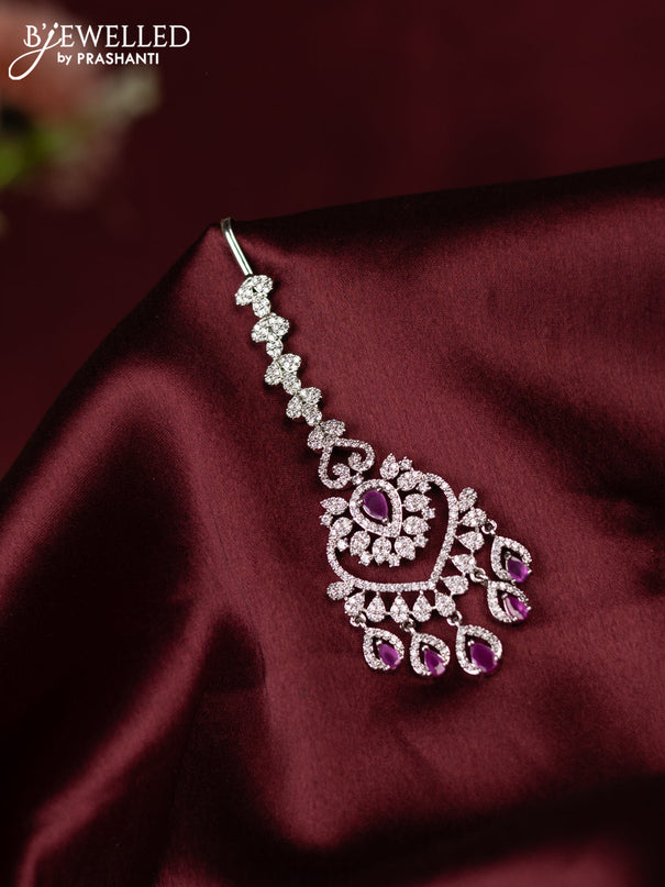 Zircon maang tikka with ruby & cz stone and hangings