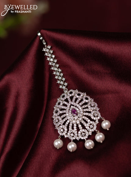 Zircon maang tikka with ruby & cz stone and pearl hangings