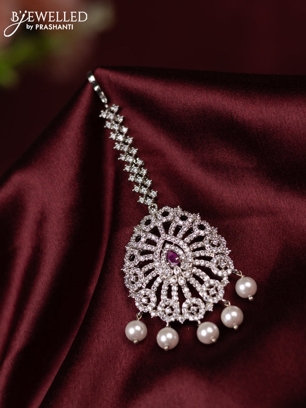 Zircon maang tikka with ruby & cz stone and pearl hangings