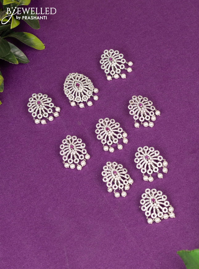 Zircon jada billai with ruby & cz stone and pearl hangings