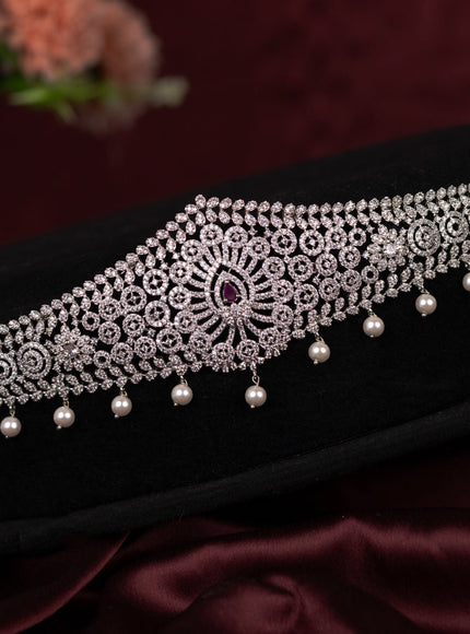 Zircon hip chain with ruby & cz stone and pearl hangings