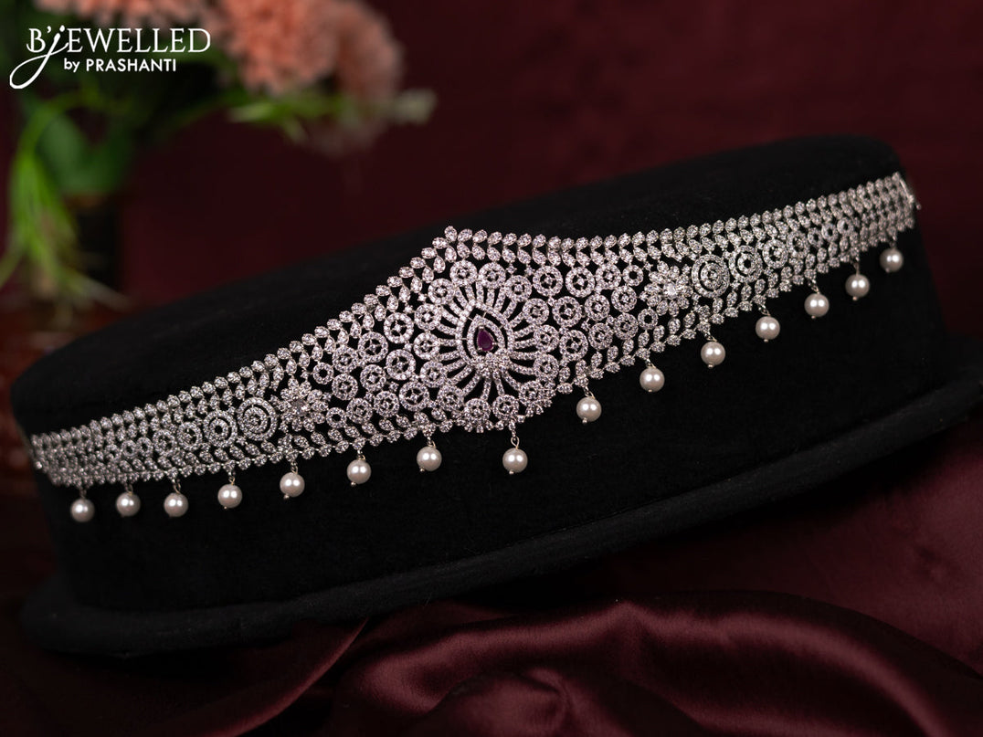Zircon hip chain with ruby & cz stone and pearl hangings