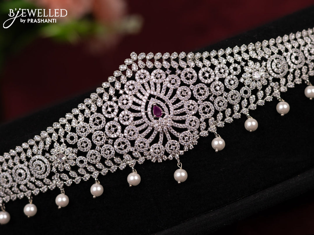Zircon hip chain with ruby & cz stone and pearl hangings