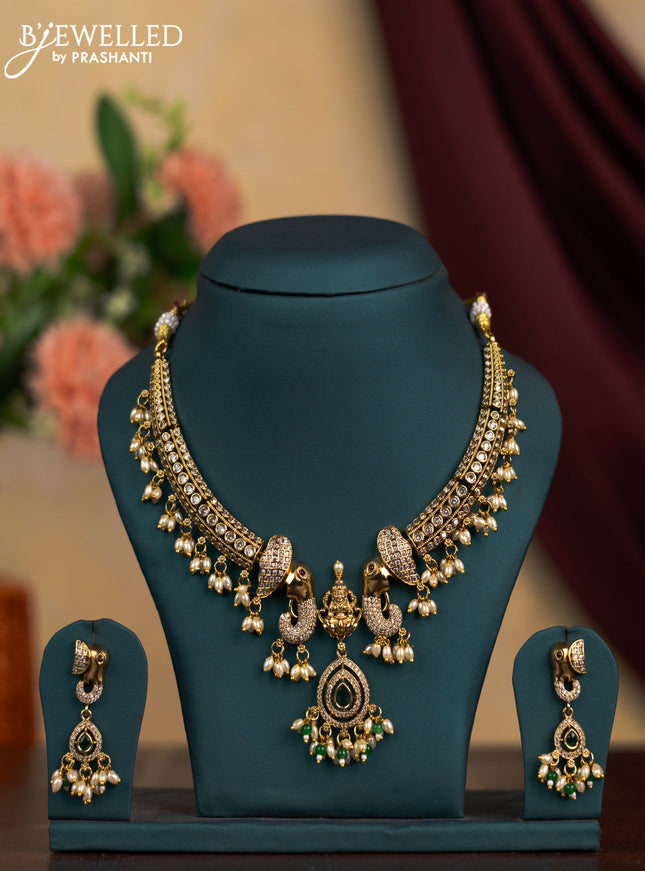 Antique necklace elephant design with cz stones and pearl & green beads hangings