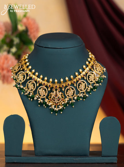 Antique guttapusalu necklace peacock design with pink kemp & cz stones and pearl & green beads hangings