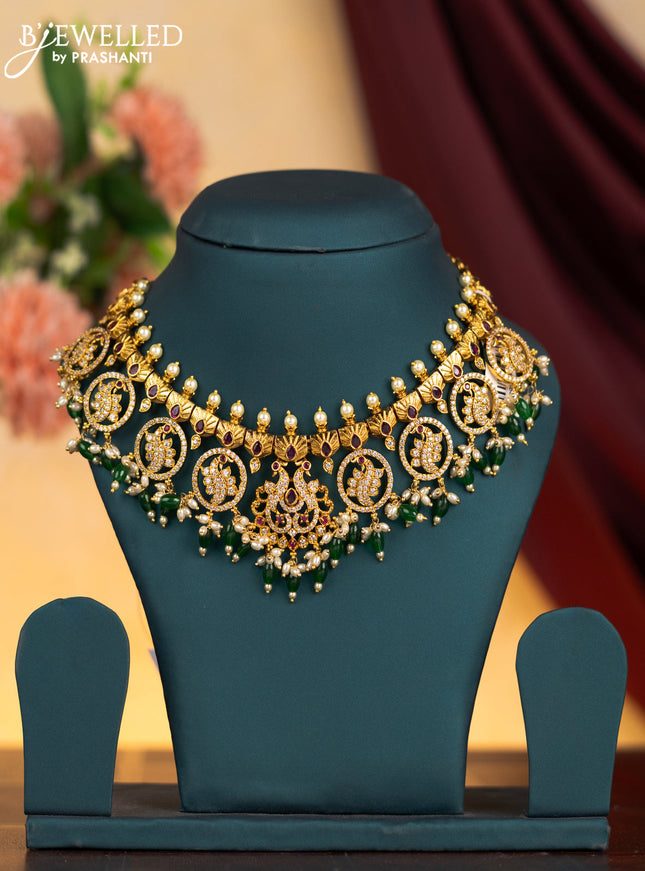 Antique guttapusalu necklace peacock design with pink kemp & cz stones and pearl & green beads hangings